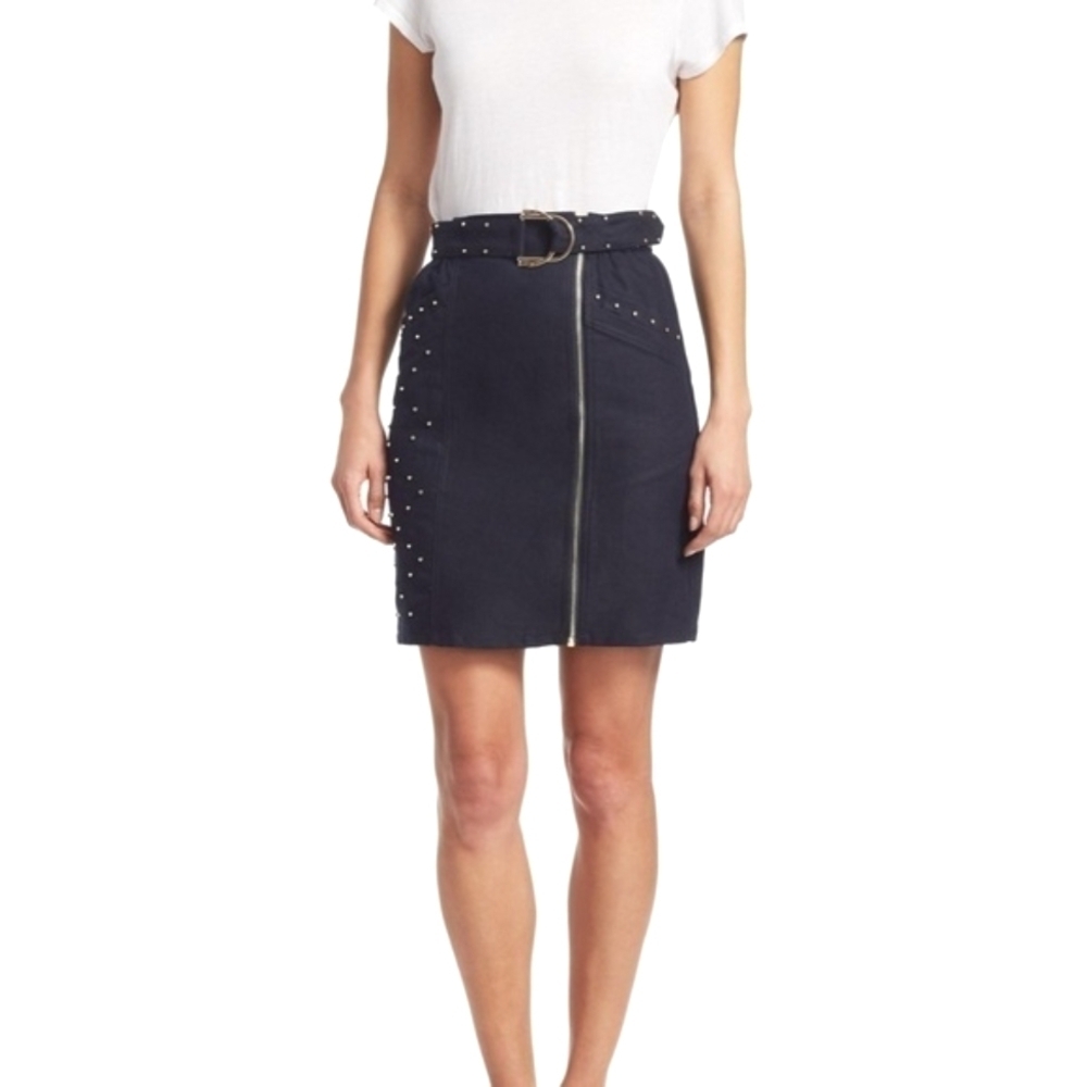 Maje Jinta Skirt Dark Navy Zip Front Buckle Black Gold XS